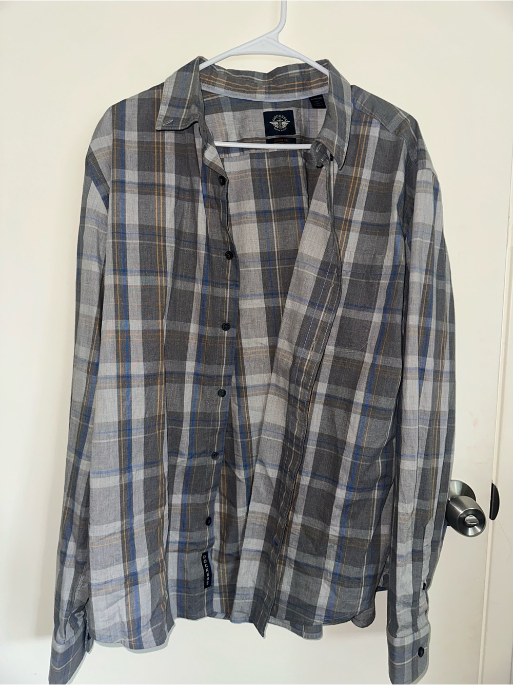 Dockers Men's Gray Plaid Button-Down Shirt with Blue and Tan Accents